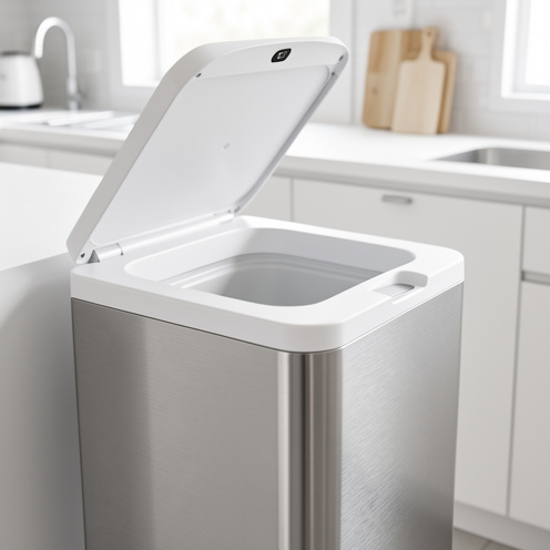 Poubelle automatique moderne en acier inoxydable, avec couvercle ouvert par détection de mouvement dans une cuisine lumineuse.