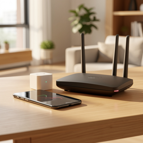 Prise connectée Wi-Fi moderne posée près d’un smartphone et d’un routeur dans un intérieur contemporain lumineux.