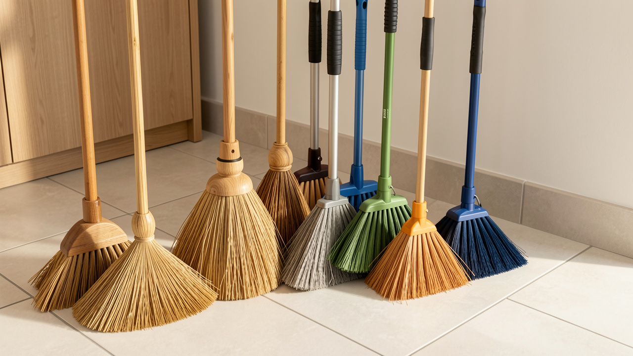 Assortiment de balais aux formes, matières et poignées variées, disposés dans un intérieur propre pour illustrer les différents usages et niveaux de durabilité.