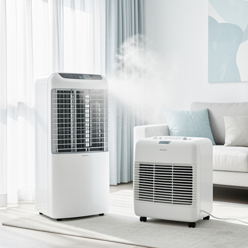 Comparaison visuelle entre un rafraîchisseur d’air et un climatiseur mobile dans un salon lumineux, avec une atmosphère fraîche et des rideaux légèrement animés par le flux d’air.