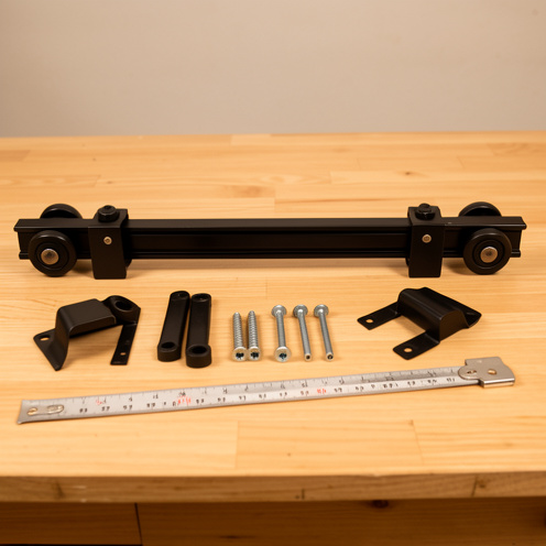 Rail métallique noir pour porte coulissante suspendue, avec roulettes, supports, vis et outils de mesure disposés sur un établi en bois.