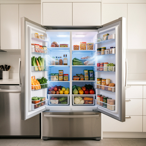 Réfrigérateur combiné moderne ouvert, avec des aliments rangés dans les compartiments et une lumière bleutée illustrant le froid ventilé.