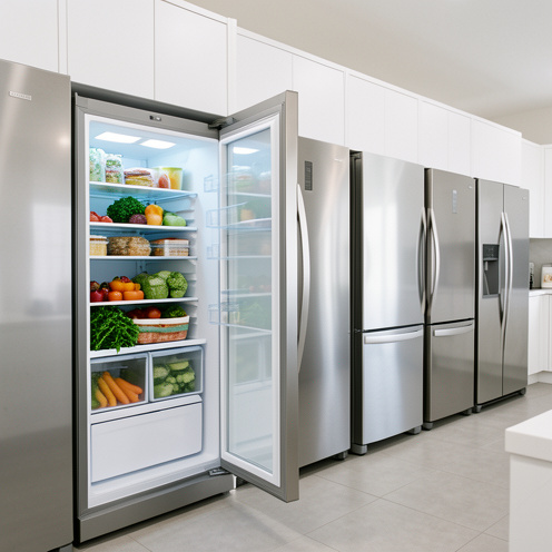 Gamme de réfrigérateurs modernes de différentes tailles et finitions dans une cuisine contemporaine, avec un appareil ouvert et soigneusement organisé.