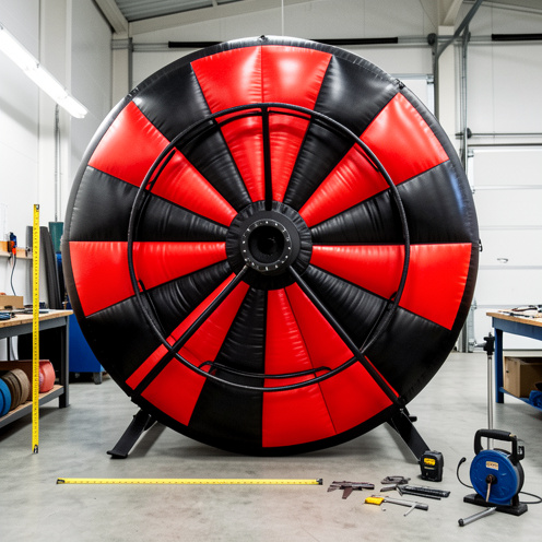 Grande roue gonflable rouge et noire avec axe central renforcé, présentée dans un atelier avec des outils de mesure et du matériel de test de charge.