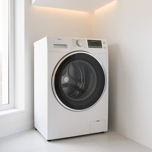 Sèche-linge blanc à chargement frontal présenté dans une buanderie moderne et lumineuse.