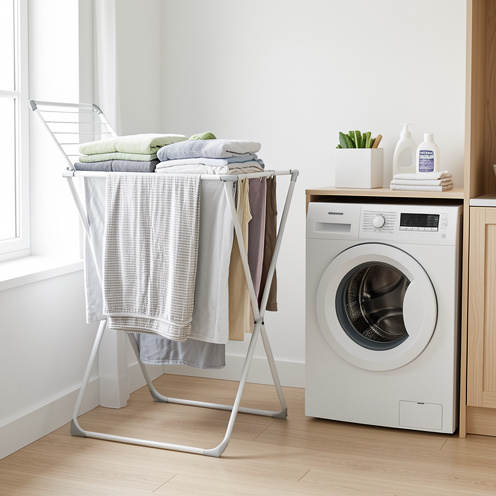 Séchoir à linge pliable rempli de vêtements, présenté dans une buanderie compacte pour illustrer ses dimensions, sa capacité et son encombrement.