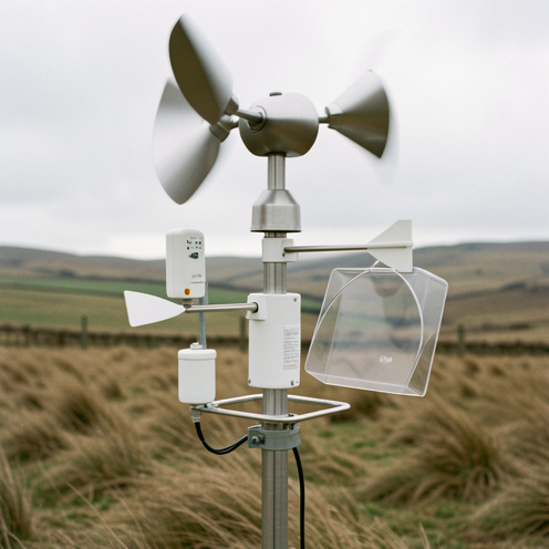 Station météo extérieure équipée d’un anémomètre à coupelles, d’une girouette et de plusieurs capteurs dans un paysage rural venteux.