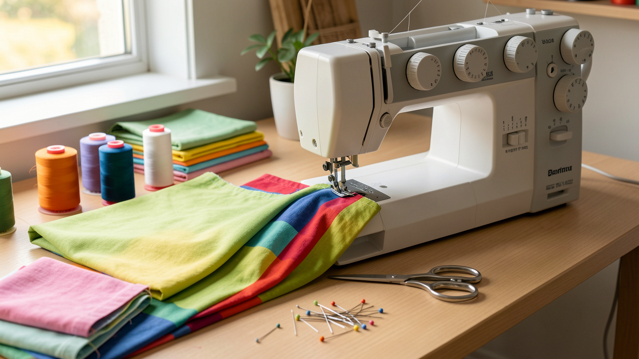 Machine à coudre surjeteuse réalisant une finition nette sur le bord d’un tissu coloré, installée sur une table de couture avec bobines, ciseaux et accessoires.