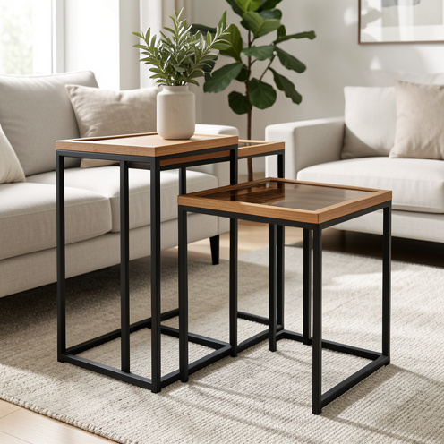 Ensemble de trois tables gigognes de hauteurs différentes, en bois clair, verre fumé et métal noir, agencées dans un salon contemporain lumineux.