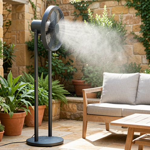 Ventilateur brumisateur extérieur diffusant une fine brume rafraîchissante sur une terrasse ombragée.