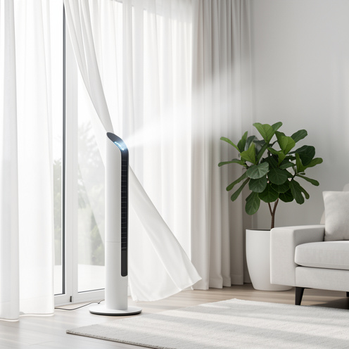 Ventilateur colonne moderne diffusant de l’air dans un salon contemporain lumineux.