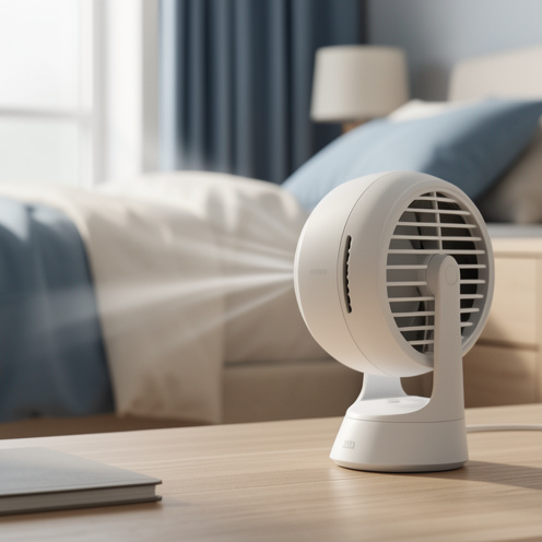 Ventilateur moderne et compact posé dans une chambre contemporaine lumineuse.